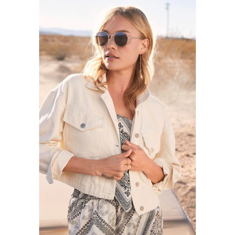Lulus Off-white Cropped Twill Jacket - Size XS